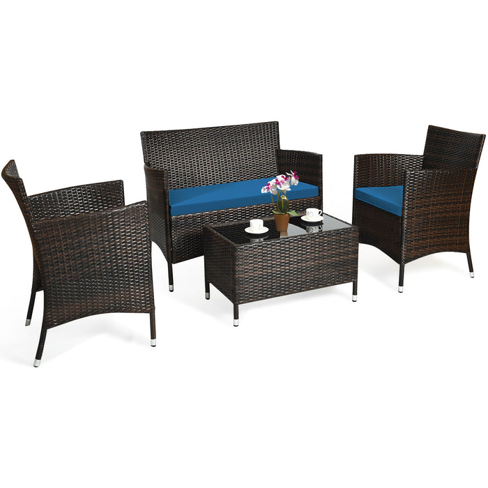 4 Pieces Comfortable Outdoor Rattan Sofa Set with Glass Coffee Table-Peacock Blue