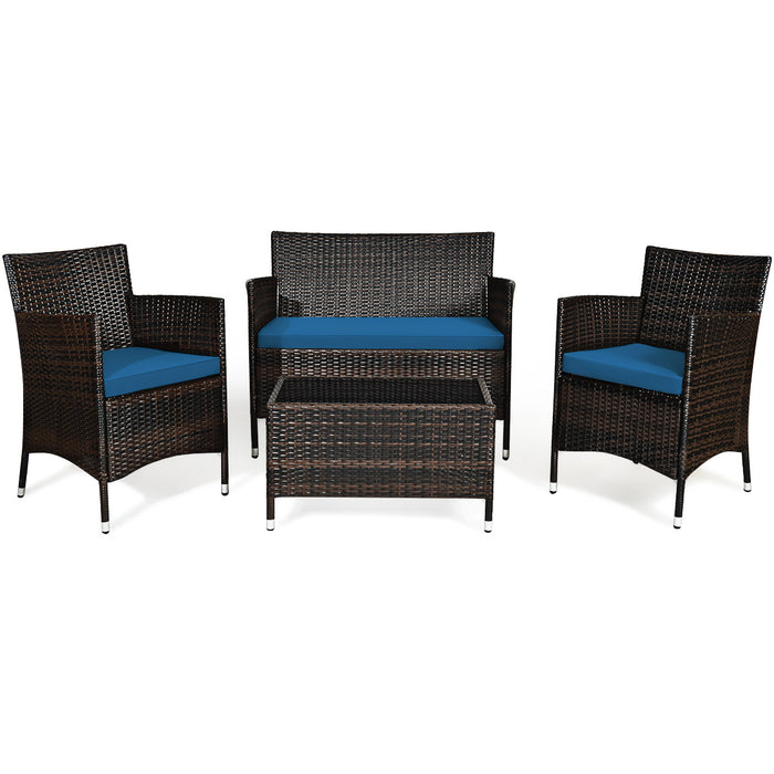 4 Pieces Comfortable Outdoor Rattan Sofa Set with Glass Coffee Table-Peacock Blue