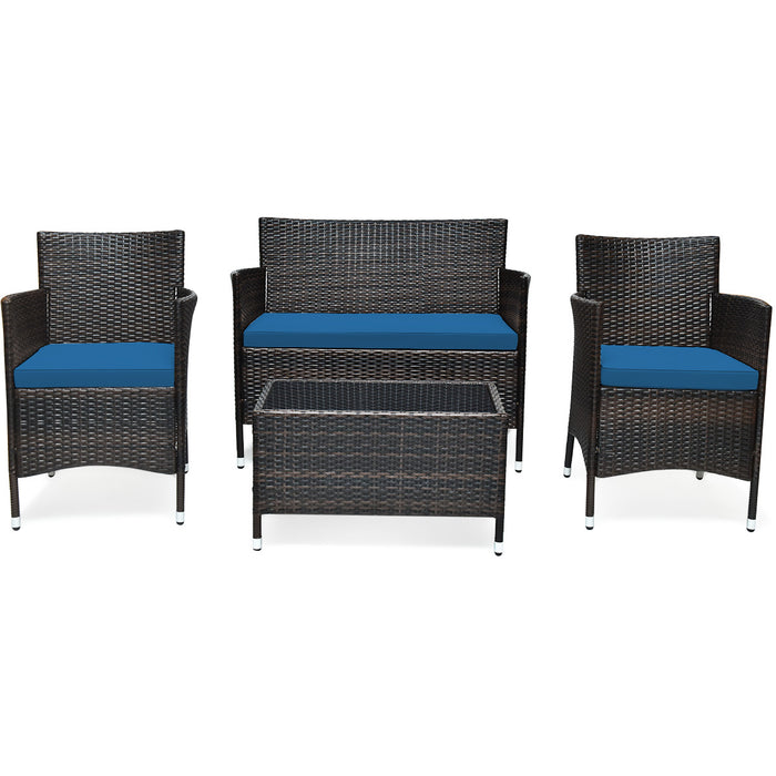 4 Pieces Comfortable Outdoor Rattan Sofa Set with Glass Coffee Table-Peacock Blue