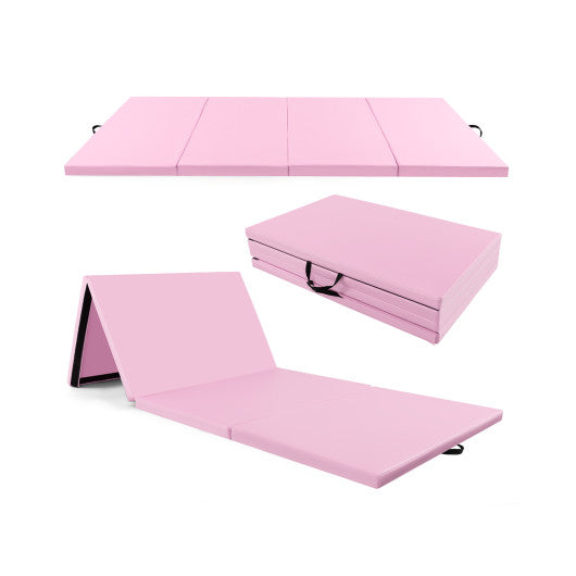 4-Panel PU Leather Folding Exercise Mat with Carrying Handles-Pink