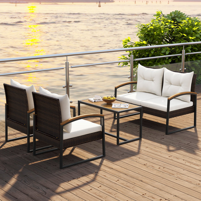 4 Pieces Patio Conversation Set with Acacia Wood Armrests and Tabletop and Cushions-White