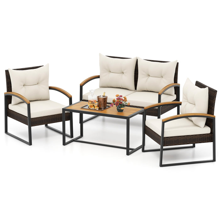 4 Pieces Patio Conversation Set with Acacia Wood Armrests and Tabletop and Cushions-White