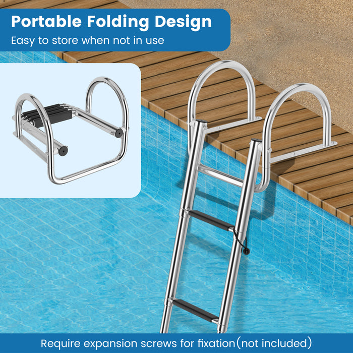 4-Step Pontoon Boat Ladder Folding Swimming Ladder with Curved Handrails