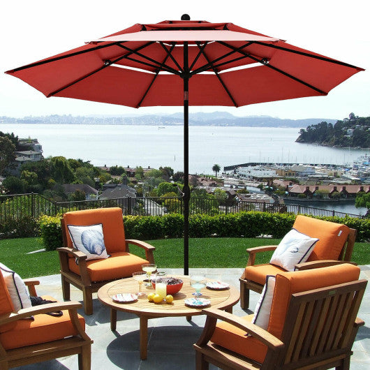 10ft 3 Tier Patio Umbrella Aluminum Sunshade Shelter Double Vented without Base-Burgundy