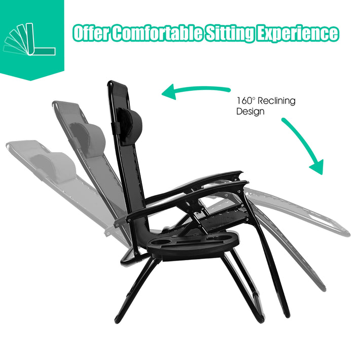 2 Pieces Folding Recliner Zero Gravity Lounge Chair - Black