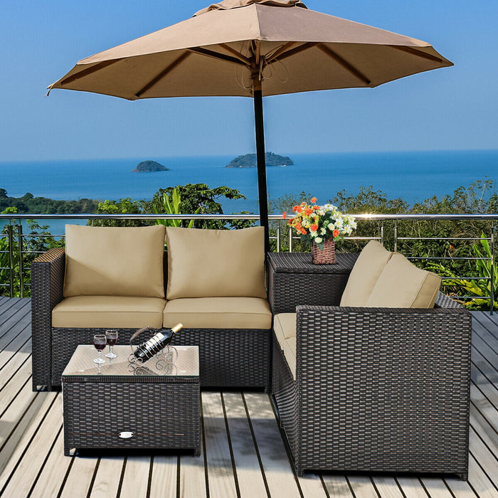 4 Pieces Outdoor Patio Rattan Furniture Set with Cushioned Loveseat and Storage Box-Brown