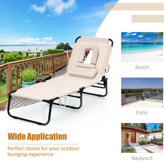 Outdoor Folding Chaise Beach Pool Patio Lounge Chair Bed with Adjustable Back and Hole-Beige