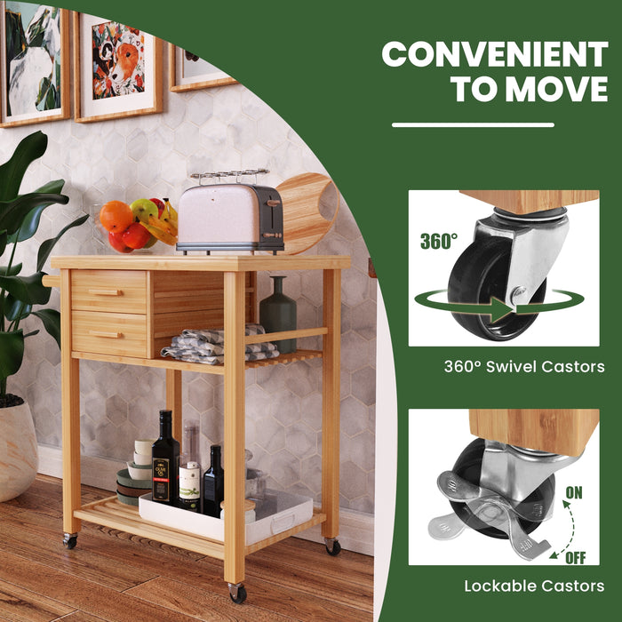 Bamboo Kitchen Trolley Cart with Tower Rack and Drawers