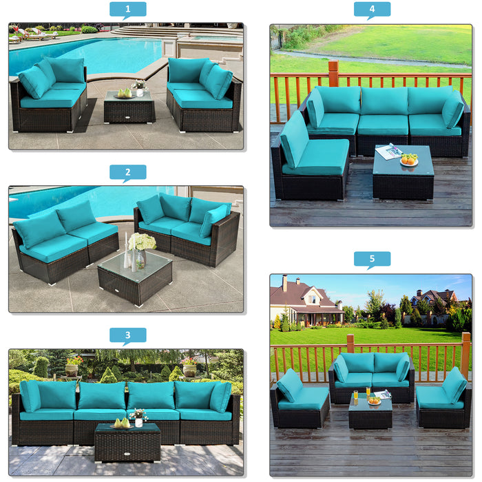 5 Pieces Cushioned Patio Rattan Furniture Set with Glass Table-Turquoise