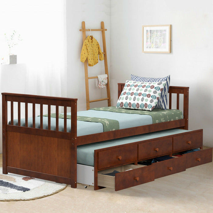 Twin Captainâ€™s Bed with Trundle and 3 Storage Drawers-Walnut