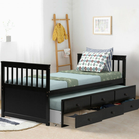 Twin Captainâ€™s Bed with Trundle and 3 Storage Drawers-Dark Brown