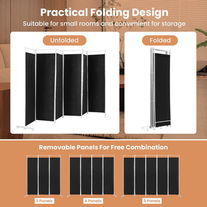 6-Panel Room Divider Folding Privacy Screen with Steel Support Base-Black