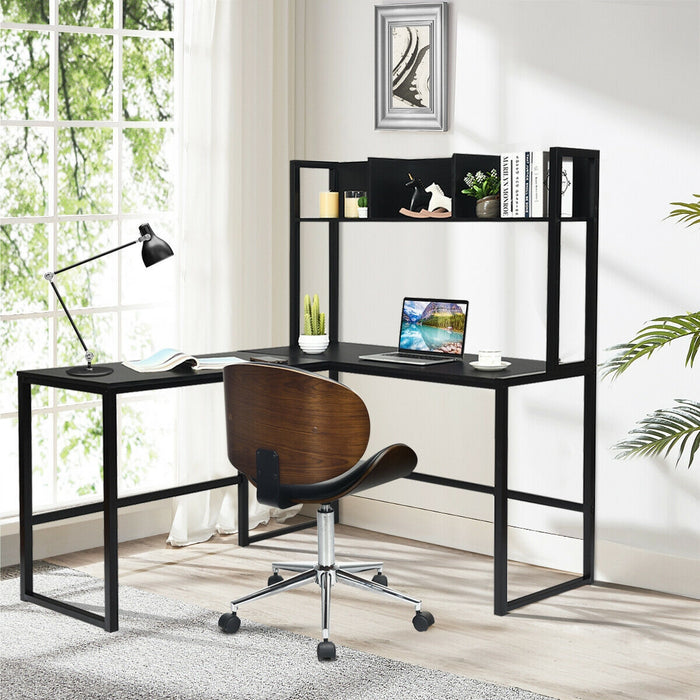 Reversible L-Shaped Corner Desk with Storage Bookshelf-Black