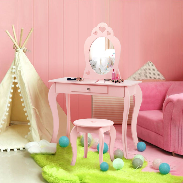 Kids Princess Makeup Dressing Play Table Set with Mirror -Pink