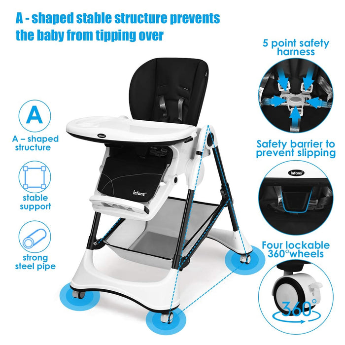 A-Shaped High Chair with 4 Lockable Wheels-Black