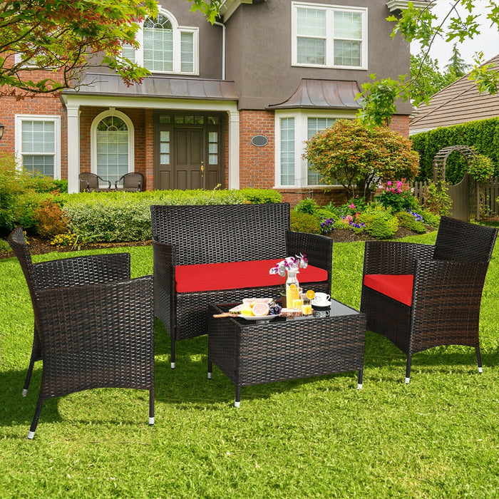 4 Pieces Comfortable Rattan Outdoor Conversation Furniture Set with Glass Table