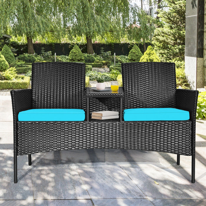 Wicker Patio Conversation Furniture Set with Removable Cushions and Table-Turquoise