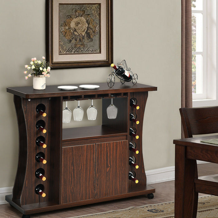 Rolling Buffet Sideboard Wooden Bar Storage Cabinet-Walnut