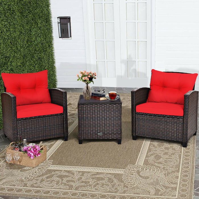 3 Pcs Patio Rattan Furniture Set Cushioned Conversation Set Coffee Table-Red