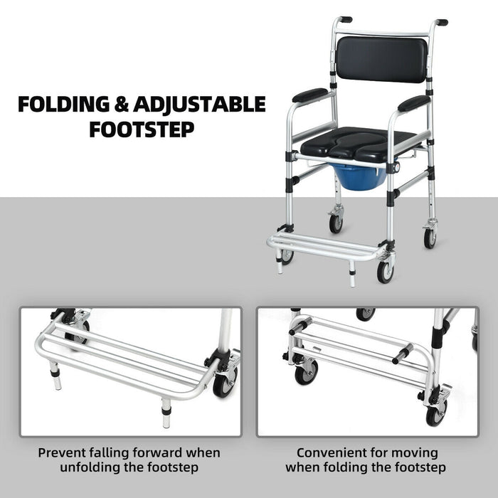 2-in-1 Aluminum Commode Shower Wheelchair with Locking Casters