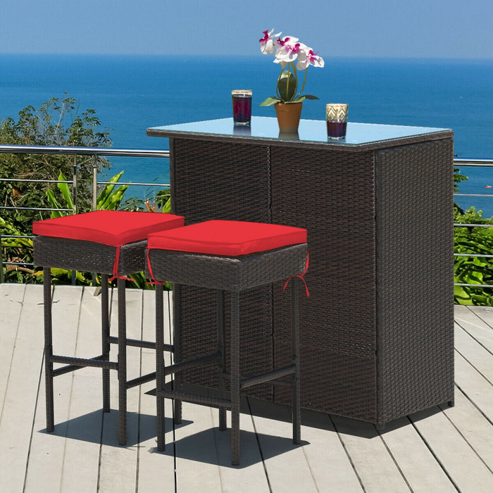 3PCS Patio Rattan Wicker Bar Table Stools Dining Set-Red