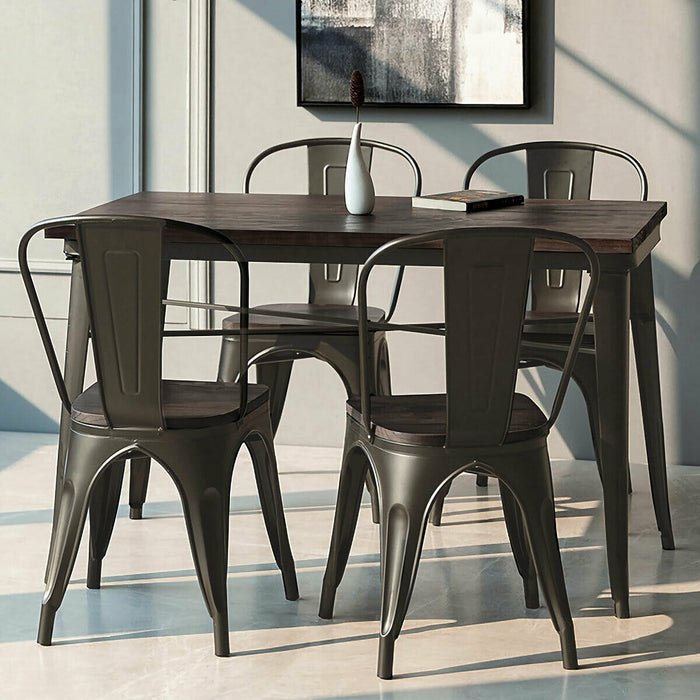 4 Pieces Tolix Style Metal Dining Side Chair Stackable Wood Seat-Black