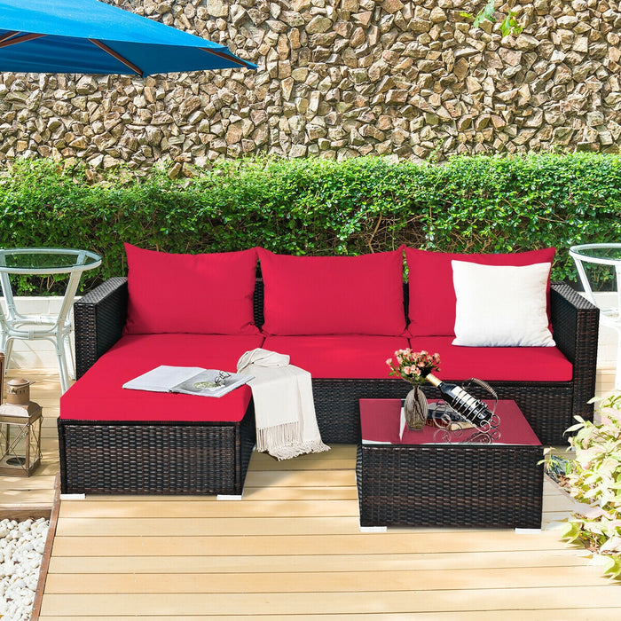 5 Pieces Patio Rattan Sectional Furniture Set with Cushions and Coffee Table-Red