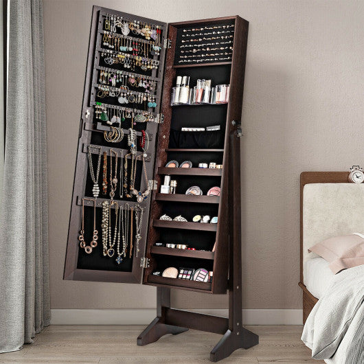 Standing Jewelry Armoire Cabinet with Full Length Mirror-Brown