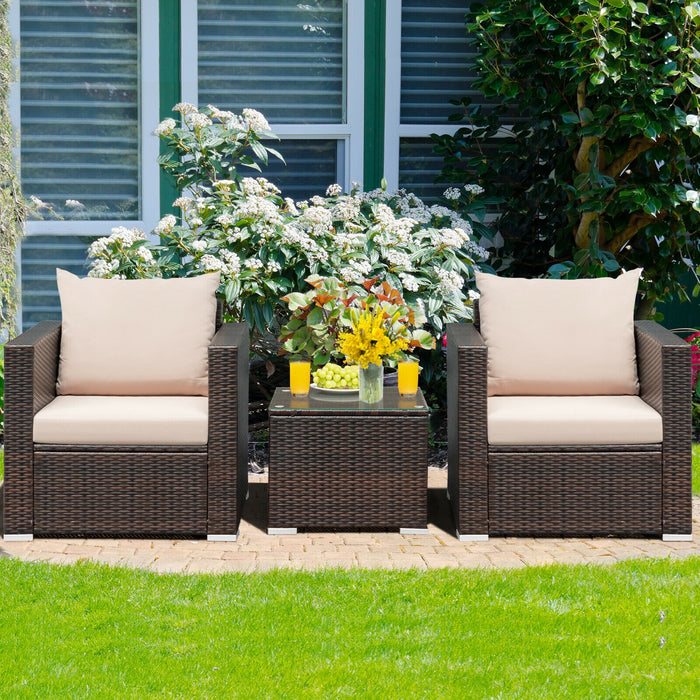 3 Pcs Patio Conversation Rattan Furniture Set with Cushion-Beige