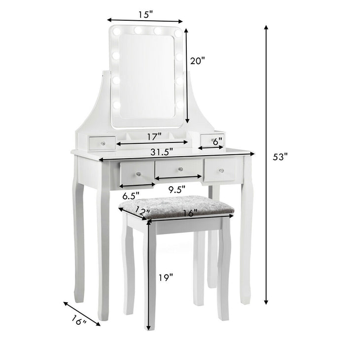 Vanity Dressing Table Set with 10 Dimmable Bulbs and Cushioned Stool-White