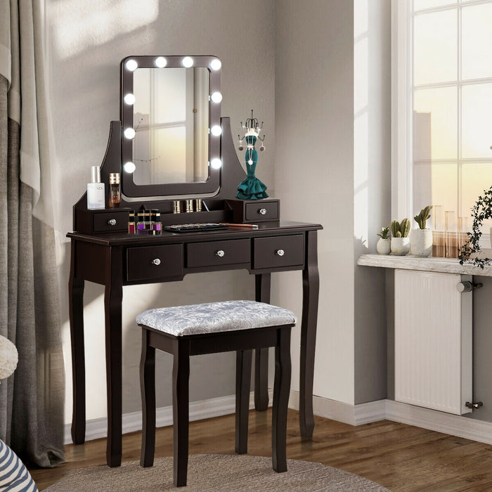 Vanity Dressing Table Set with 10 Dimmable Bulbs and Cushioned Stool-Brown