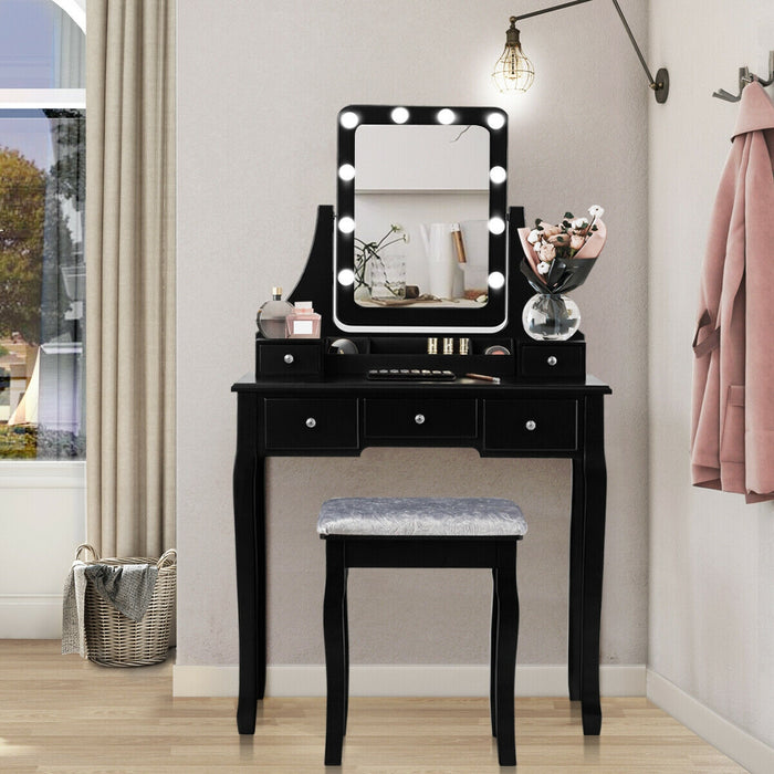 Vanity Dressing Table Set with 10 Dimmable Bulbs and Cushioned Stool-Black