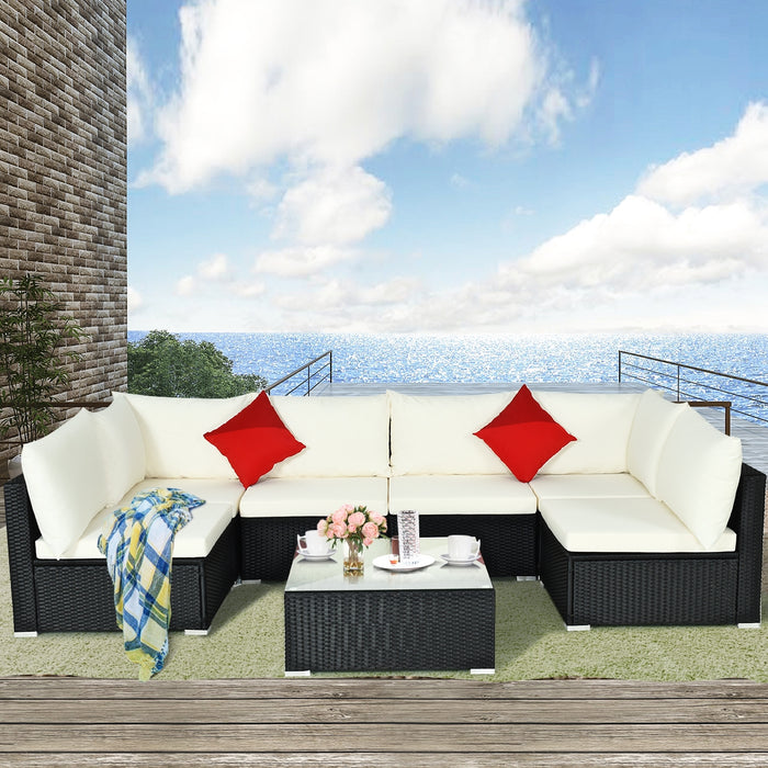 7-Piece Outdoor Sectional Wicker Patio Sofa Set with Tempered Glass Top-Beige