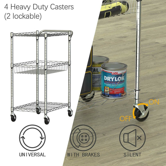 3-Tier Rolling Utility Cart with Handle Bar and Adjustable Shelves