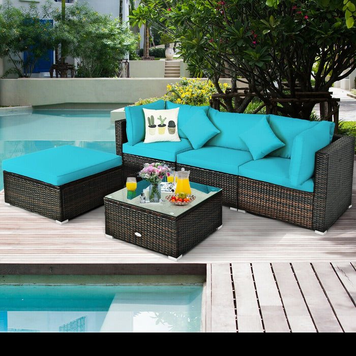 5 Pcs Outdoor Patio Rattan Furniture Set Sectional Conversation with Navy Cushions-Turquoise