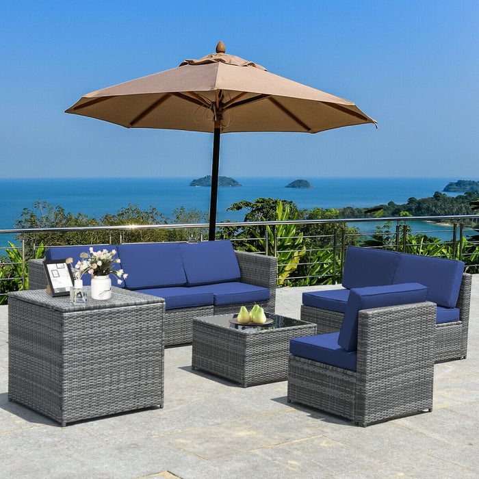 8 Piece Wicker Sofa Rattan Dinning Set Patio Furniture with Storage Table-Navy