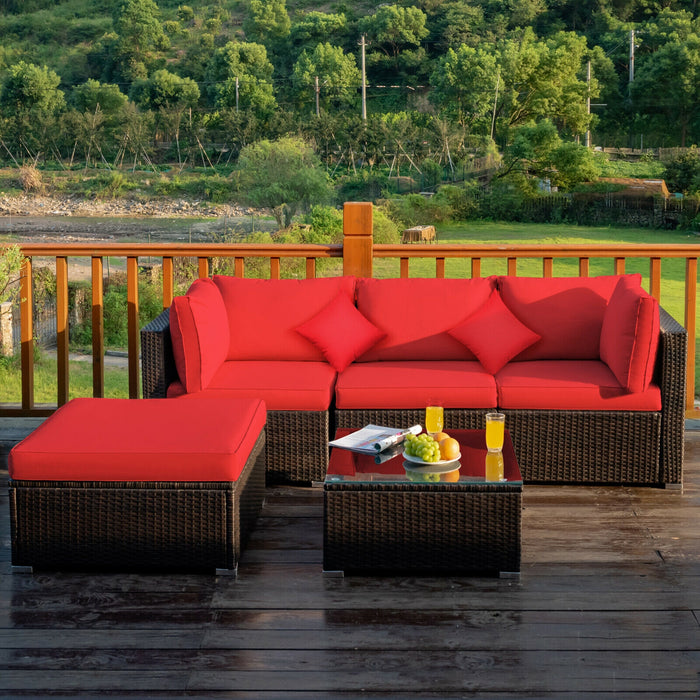 5 Pcs Outdoor Patio Rattan Furniture Set Sectional Conversation with Navy Cushions-Red