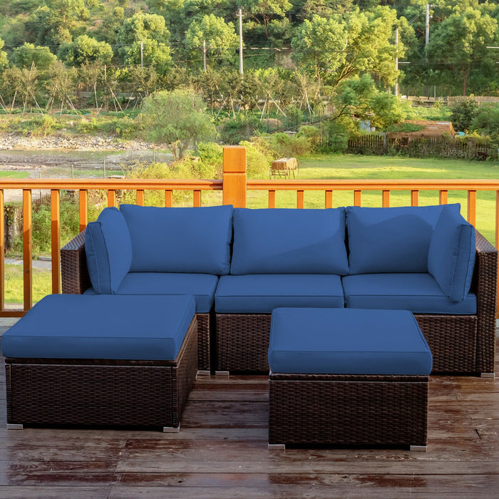 5 Pieces Patio Rattan Sofa Set with Cushion and Ottomans-Navy