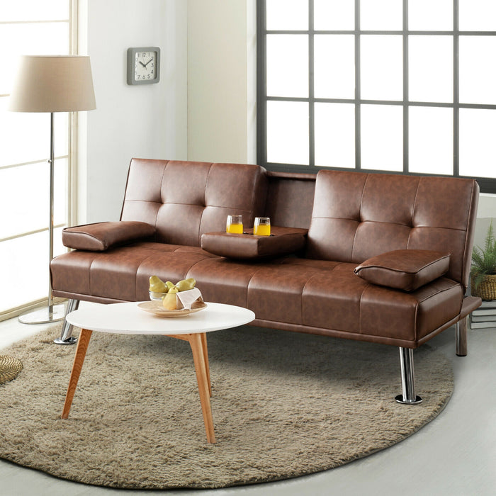 Convertible Folding Leather Futon Sofa with Cup Holders and Armrests-Brown