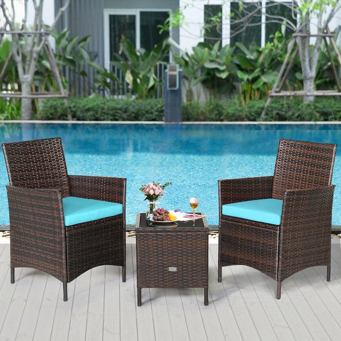 3 Pieces Patio Rattan Furniture Set Cushioned Sofa and Glass Tabletop Deck-Blue