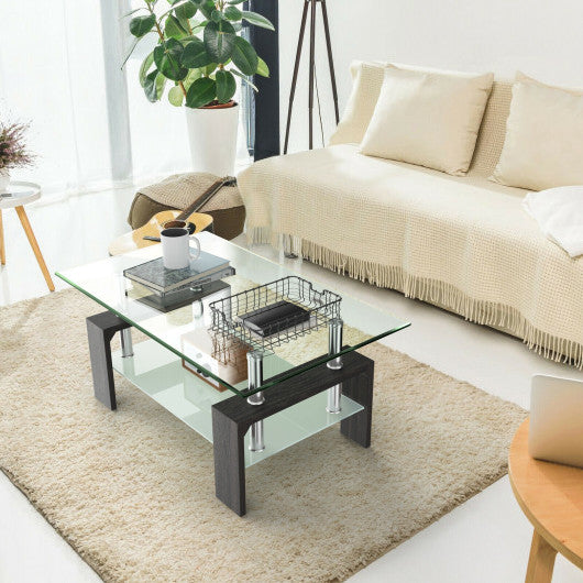 Rectangular Tempered Glass Coffee Table with Shelf-Black