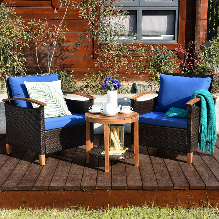 3 Pieces Patio Rattan Furniture Set with Washable Cushion and Acacia Wood Tabletop-Blue