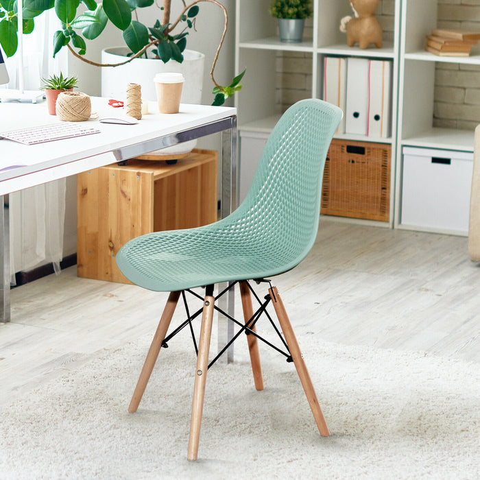 4 Pieces Modern Plastic Hollow Chair Set with Wood Leg-Green