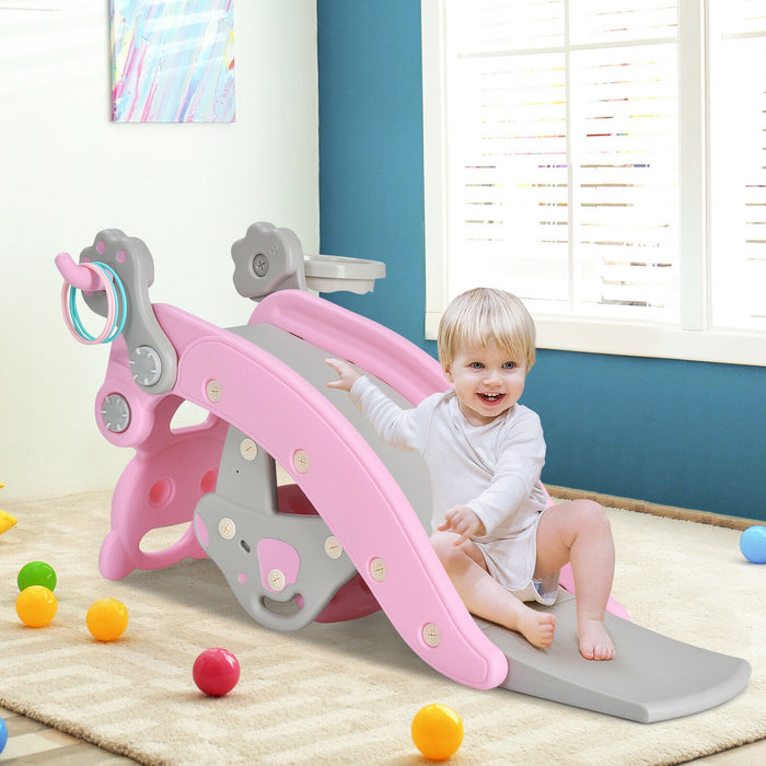 4-in-1 Toddler Slide and Rocking Horse Playset with Basketball Hoop-Pink