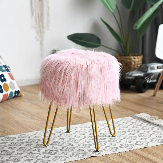 Faux Fur Vanity Stool Chair with Metal Legs for Bedroom and Living Room-Pink