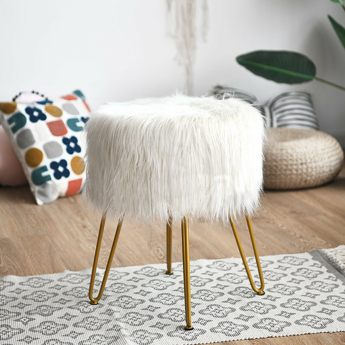 Faux Fur Vanity Stool Chair with Metal Legs for Bedroom and Living Room-White