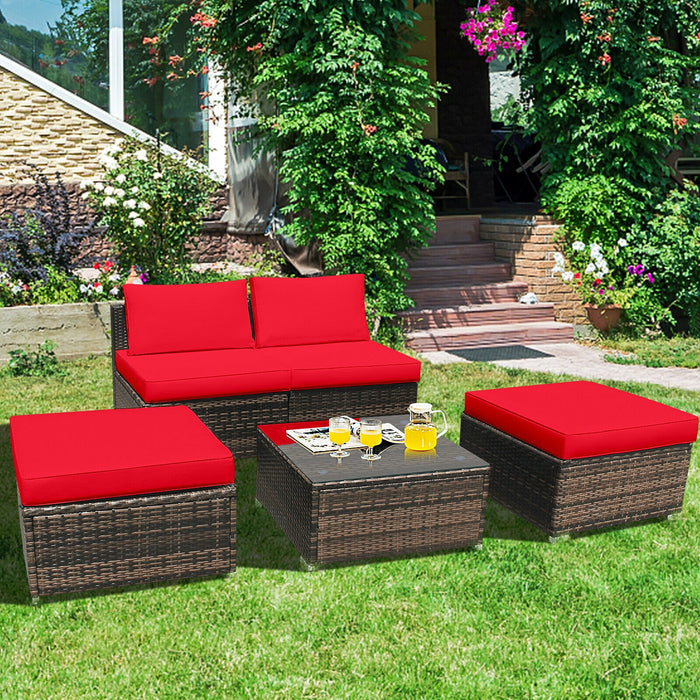 5 Pieces Patio Rattan Furniture Set with Cushioned Armless Sofa-Red