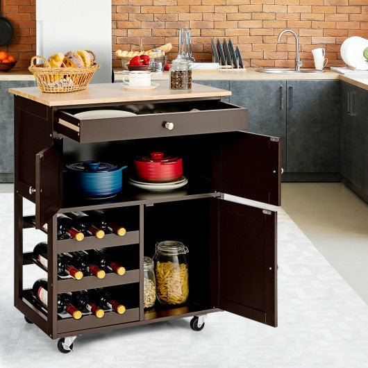 Kitchen Cart with Rubber Wood Top 3 Tier Wine Racks 2 Cabinets-Brown