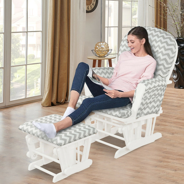 Wood Glider and Ottoman Set with Padded Armrests and Detachable Cushion-Gray and White