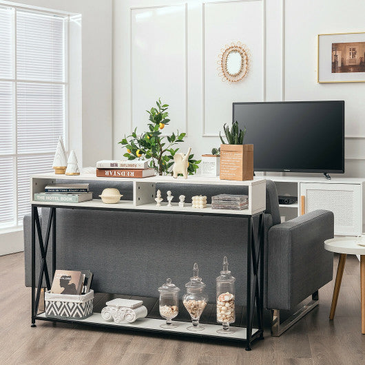 Console Table with Open Shelf and Storage Compartments Steel Frame-White